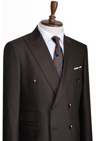 Resim İlayda Emir Luxury, İtalyan Kesim, Slim Fit, Kruvaze, Çizgili, Erkek Takım Elbise Kahverengi 