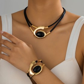 Resim 2 Parça Bohem Tarzı Siyah Reçine Kakmalı Kadın Kolye ve Bileklik Seti 