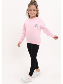 Resim Toontoy Kids Toontoy Kız Çocuk 2'li Takım Baskılı Bisiklet Yaka Düşük Omuz Sweatshirt & Basic Düz Tayt Açık Pembe 