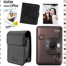 Resim Instax mini LiPlay Hybrid Deep Bronze Fotoğraf Makinesi 20'li Film Albüm ve Deri Kılıf Hediye Seti 