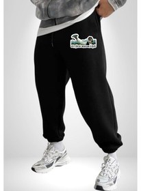 Resim Ufo Gören Masum Köylü Yazılı 3 İplik Erkek Baskılı Siyah Eşofman Altı Siyah 