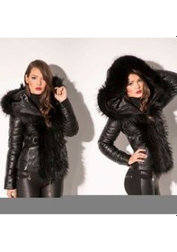 Resim Deriwork Hakiki Deri Siyah Kürklü Kuşaklı Kadın Deri Ceket Siyah 