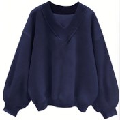 Resim Kadınların Mavi V Yaka Kazak Sweatshirti - Rahat Polarlı, Bol Kesim, Uzun Kollu, Makine Yıkanabilir, Sonbahar/Bahar İçin Mükemmel, Rahat Sonbahar Giyim | V Yaka Kazak | İnşaat, Kazak Hoodie 