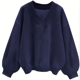 Resim Kadınların Mavi V Yaka Kazak Sweatshirti - Rahat Polarlı, Bol Kesim, Uzun Kollu, Makine Yıkanabilir, Sonbahar/Bahar İçin Mükemmel, Rahat Sonbahar Giyim | V Yaka Kazak | İnşaat, Kazak Hoodie 
