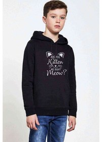 Resim Are You Kitten Me Right Meow Baskılı Unisex Çocuk Kapüşonlu Sweat (528595579) Siyah 