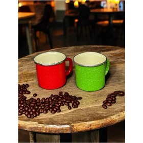 Resim Emaye Kupa Ateşe Dayanıklı Kamp Bardak Vintage Kırmızı Yeşil Çiftli 350ML 9 cm 