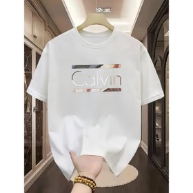 Resim Erkek 100% Pamuk Crew Neck T-Shirt - Rahat Ev Giyimi, Kısa Kollu, Rib-Knit Detay, Esnek Kumaş, "Calvin" Harf Baskısı, Rahat Günlük Te 