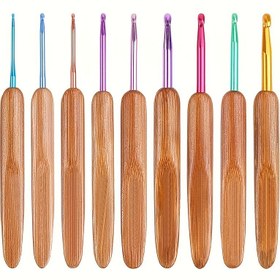 Resim 9 Parça Bambu Örgü İğnesi Seti Tığlar 2-6mm Örgü İpliği Saplı Dikiş İğneleri Aracı Örgü Tığ Kiti (Rastgele renk ve boyut) 