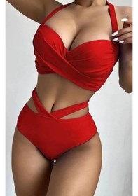 Resim Özel Tasarım Detseksiz Kaplı Çapraz Kırmızı Bikini Takım (551646179) 