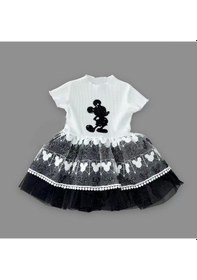 Resim 1-2-3 Yaş Payetli Mickey Baskılı Brode Etekli Kız Bebek Elbisesi Siyah Siyah 
