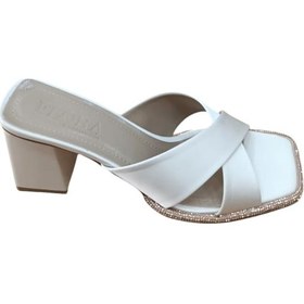 Resim Flora 748 Kadın Taşlı Biyeli Kalın Topuklu Terlik Bej Saten Siyah 