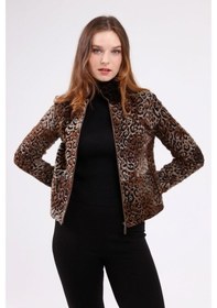 Resim Leatinn Kahverengi Kadın Leopar Desenli Deri Ceket 