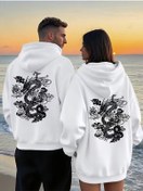 Resim Sevgili Kombini Ejderha Sırt Desenli Kapşonlu Sweatshirt – Oversize 3 İplik Unisex Hoodie Beyaz 