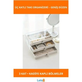 Resim Üç Katlı Takı Organizeri Kadife Kaplama Şık Aksesuar Kutusu 1 Adet 
