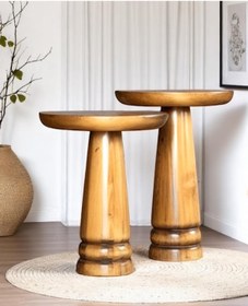 Resim AYLESA Doğal Ahşap 2’li Set Mantar Yan Sehpa Modern Fiskos Zigon Çiçeklik 