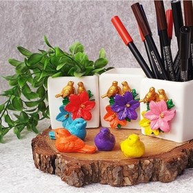 Resim Dafniart Romantik Aşık Kuş Ve Çiçek Dekorlu Saksı Kalemlik Mumluk 8 cm Çok Renkli 3 lü set 8 cm 
