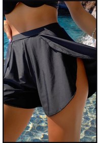 Resim Kadın Beyaz Deniz Havuz Şortu Etek Görünümlü Yırtmaçlı Şık Model İçte Bikini Slip 1110 Siyah 