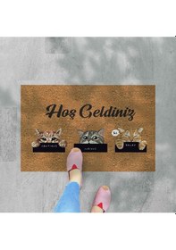 Resim Hoş Geldiniz Yazılır Temalı Kedili Dekoratif Dış Kapı Önü Ve Iç Mekan Paspası Pembe 