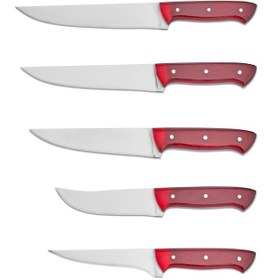 Resim Lazoğlu Crimson Chef Profesyonel 5 Parça Mutfak Bıçak Seti Kırmızı 