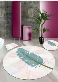 Resim Kuş Tüyü Kaymaz, Organik Pamuk Dokuma Taban Banyo Paspası-100X100 - 60X60 - 40X60 Cm (3'Lü Set) Çok Renkli 