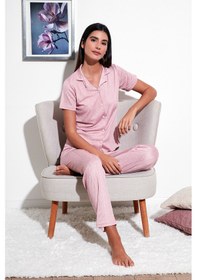 Resim Lela Regular Fit Gömlek Yaka Kısa Kollu Bayan Pijama Takımı 65780124 Pudra 