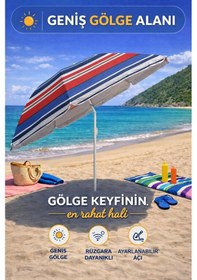 Resim Kırmızı-lacivert Çizgili 170 Cm Ayarlanabilir Polyester Ekose Kumaş Plaj Şemsiyesi 