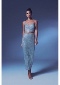 Resim Sateen Fermuarlı Karolin Midi Etek - Gümüş-135352 Gümüş 