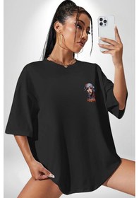 Resim Khansa Eşarp Kadın Tasarımı Siyah Oversize Unisex Ön Sol Yan Minimal Baskılı Tişört Koyu Siyah 