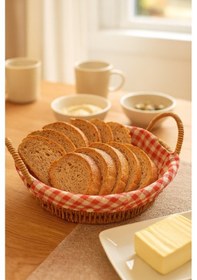 Resim Yuvarlak Hasır Ekmek Sepeti Kırmızı Beyaz Kareli Kumaşlı Kahvaltı Ve Sunum Sepeti Turuncu 