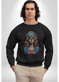 Resim Hippie Cesur Stil Dövmeli Kız Unisex Siyah Baskılı Sweatshirt Siyah 