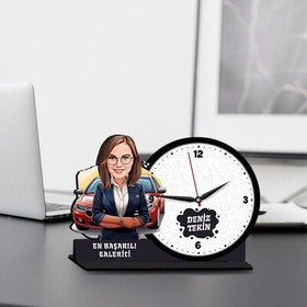 Resim Kadın Galerici Karikatürlü MDF Masa Saati 