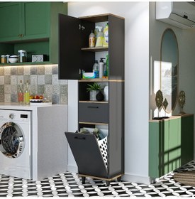 Resim Çamaşır Sepetli Banyo Dolabı, Çok Amaçlı Dolap 45 X 200 Atlantik - Antrasit 
