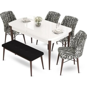Resim Canisa Concept Aya Serisi 80 x 132 cm Beyaz Masa Ceviz Ayak Mutfak Masa Takımı 4 Sandalye 1 Bench 