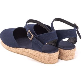 Resim Star Tombis Gerçek Elişi Topuğu Açık Bilekten Bantlı 3cm Dolgu Topuk Keten Hasır Espadril Handmade Lacivert 