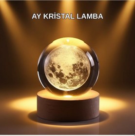 Resim Usb Işıklı Ay Kristal Küre 3d Oyma Tasarım Ahşap Standlı Gece Lambası 