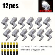 Resim 12 parça set, akıllı dolap menteşe LED ışıkları - mutfak, gardırop, yatak odası ve oturma odası için gece lambaları, ev depolama odası için dolap aydınlatması, sıcak beyaz ışık, gri plastik tasarım, pil ile çalışan 