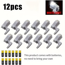 Resim 12 parça set, akıllı dolap menteşe LED ışıkları - mutfak, gardırop, yatak odası ve oturma odası için gece lambaları, ev depolama odası için dolap aydınlatması, sıcak beyaz ışık, gri plastik tasarım, pil ile çalışan 