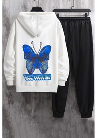 Resim Butterfly Eşofman Takımı Kapuşonlu Beyaz Siyah Eşofman Takımı Beyaz 