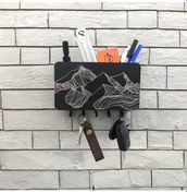 Resim Dekoratif Siyah Çizgisel Dağ Motifli Bölmeli Anahtarlık Dekor Askılık Diğer 