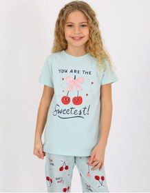 Resim Kız Çocuk Kısa Kollu %100 Pamuklu Pijama Takımı Cherry Mint 