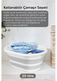 Resim 2'li Çamaşır Sepeti Seti - 90 Lt İki Bölmeli Kirli Çamaşır Sepeti Katlanabilir Akordiyon Sepet Gri Gri 
