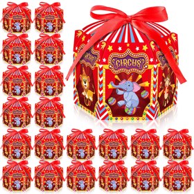 Resim 12 Adet Canlı Sirk Temalı Kağıt Hediye Kutuları Kırmızı Kurdeleli Fiyonklerle - Aslanlar, Fil, Kaplanlar & Yunuslar İçerikli - Parti İkramları, Düğünler & Küçük İşletme Ambalajı, Hediye Paketleri İçin İdeal 