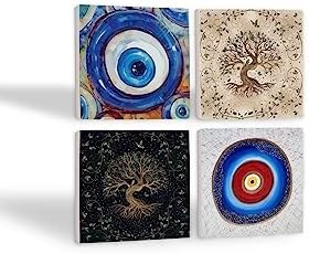 Resim Nazar, Hayat Ağacı Taş Bardak Altlığı Seti - 4 Parça - Dekoratif, Rustik Mutfak Aksesuarı, 10x10 cm, Kaydırmaz Tabanlı, Şık ve Dayanıklı SC377 