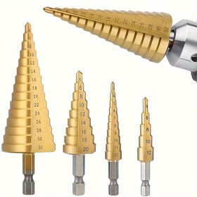 Resim 3 adet Titanyum-Kaplamalı HSS Delme Uçları Seti, 3-12mm, 4-12mm, 4-20mm Düz Oluk Konik Kesici, Hassas Delik Açma, Altıgen Sap, Metal, Güç Gerektirmez, Ev Yenileme Alet Aksesuarları 