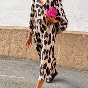 Resim Kadınların şık leopar desenli maxi elbisesi - V-yaka, balon kollu, akışlı fit, polyester, tatil ve günlük etkinlikler için mükemmel, bahar/sonbahar koleksiyonu, rahat giyim elbisesi | V-yaka elbise | Dokusu, sevimli elbise 