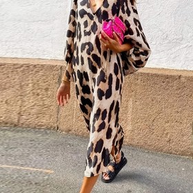 Resim Kadınların şık leopar desenli maxi elbisesi - V-yaka, balon kollu, akışlı fit, polyester, tatil ve günlük etkinlikler için mükemmel, bahar/sonbahar koleksiyonu, rahat giyim elbisesi | V-yaka elbise | Dokusu, sevimli elbise 