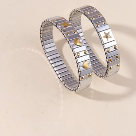 Resim 1 adet Şık Fransız Tarzı Paslanmaz Çelik Elastik Bilezik, Taşlı Vurgular, Günlük Kullanım & Hediye Fırsatları İçin Çiftler Bileziği, Sevgililer Günü Teması, Her Mevsim Giyilebilir 