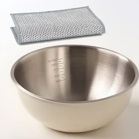 Resim Paslanmaz Çelik Kase Seti, Bir Gümüş Renkli Salata Kabı ve bir gümüş renk tel temizlik bezi, çok amaçlı salatalar, makarnalar, çorbalar vb. için uygun; pişirme, fırınlama ve yemek saklama için, İtalyan makarna, ramen, wonton erişte 