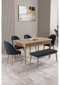 Resim Milas Meşe Desen 80x132 Mdf Açılabilir Yemek Masası Takımı 4 Sandalye, 1 Bench Antrasit 