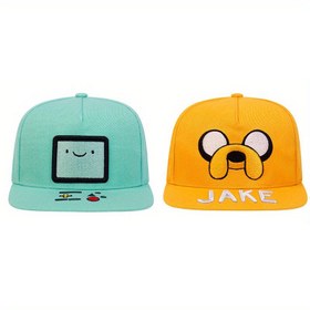 Resim 2 Adet 'Adventure Time' Finn & Jake TV Şovu Anime Kasketleri - Sevimli Karakter Süslemeli Nakış Tarzı Logo, Turkuaz ve Hardal Sarısı Şapkalar İkonik Sembollerle, Hayranlar için Doğum Günü/Noel Hediyesi 